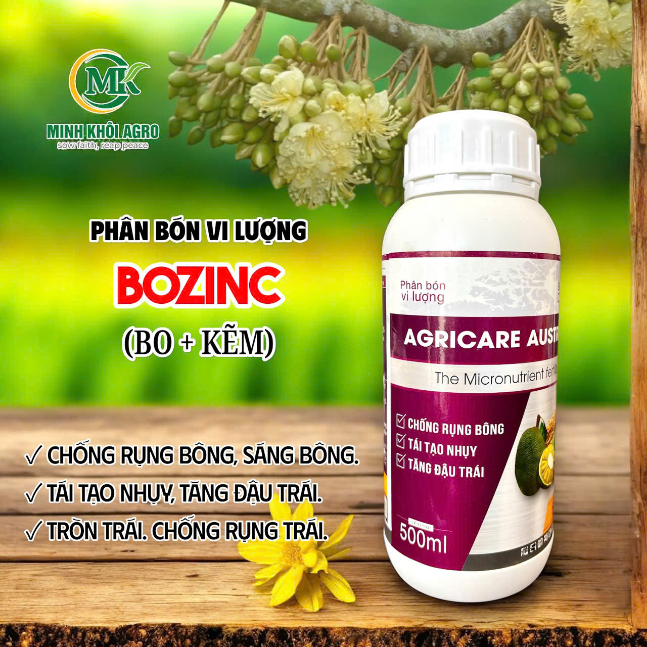 Phân bón lá Agricare BOZINC - Chai 500ml (Bo+Kẽm)